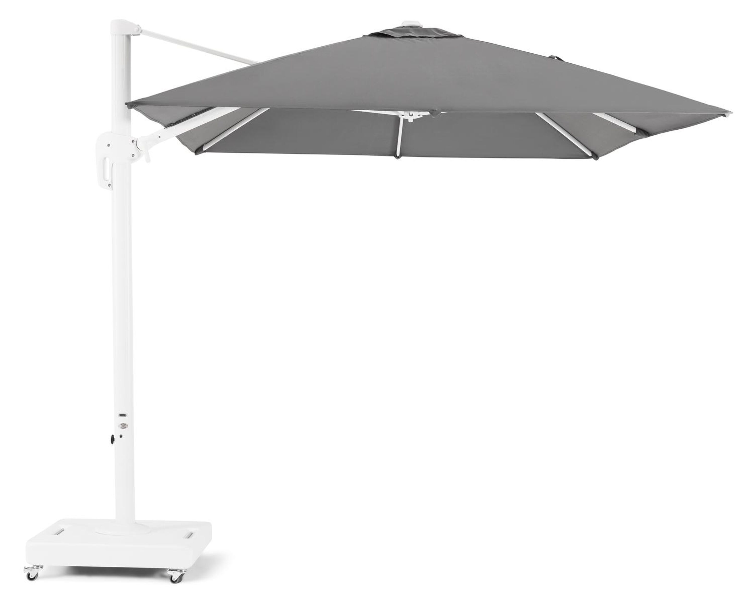 Zonder een beetje Bakkerij Rufina zweefparasol in wit aluminium met grijs polyester parasoldoek - L1:  250 x L2: 350 cm (met voet)