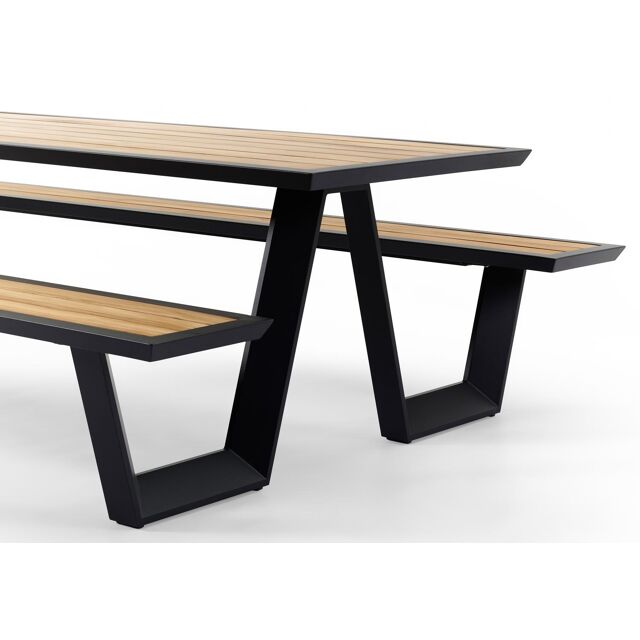 Kruipen Expertise stoeprand Sevilla picknicktafel in zwart aluminium en teak tafelblad - L 280 x B  175,5 x H 71 cm