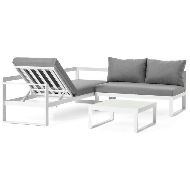 Maak het zwaar Mannelijkheid monteren Caldela loungehoek in wit aluminium met grijs polyester kussens en  loungetafel