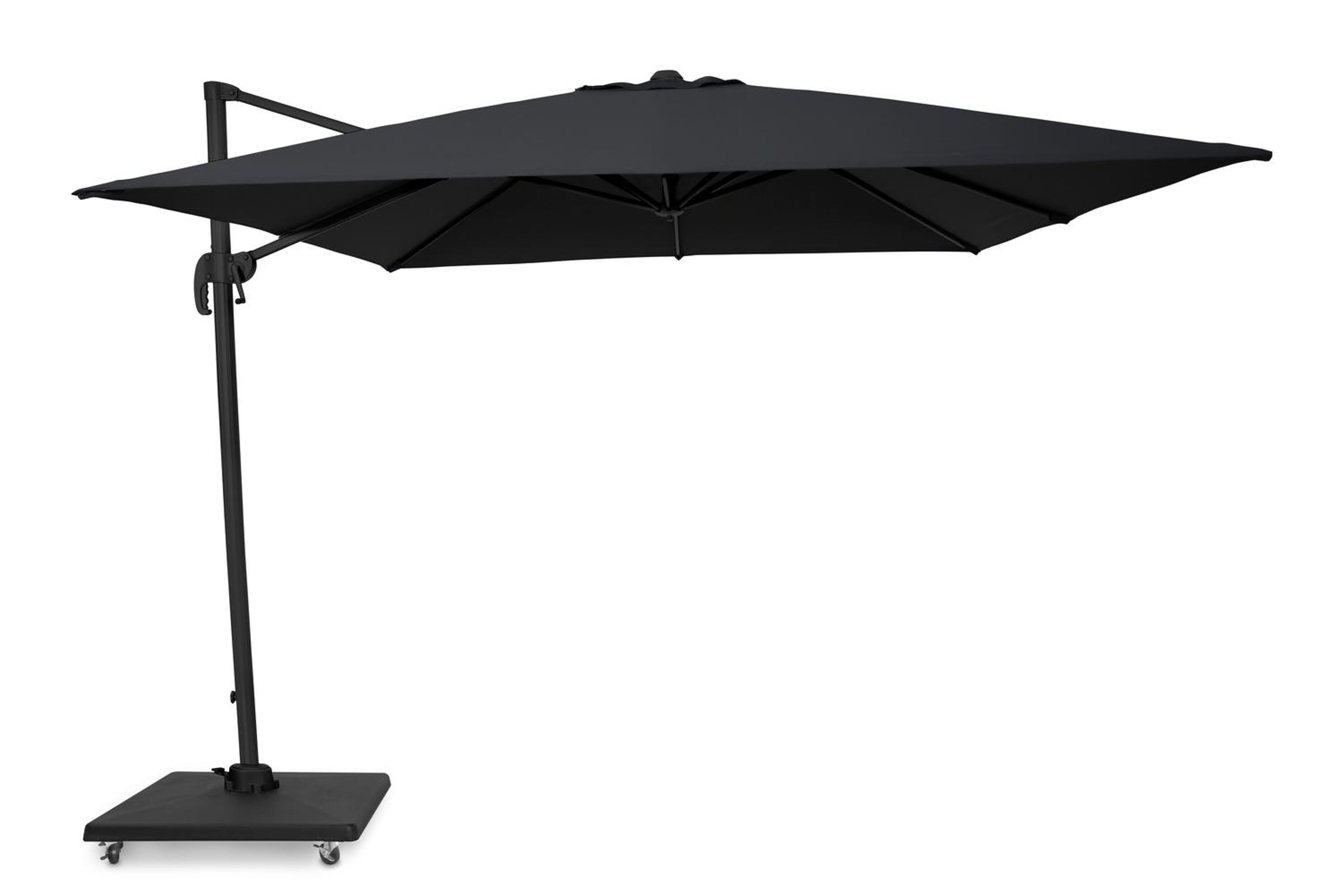 Calpe zweefparasol met tiltfunctie in zwart aluminium met zwart polyester parasoldoek - L1 270 x L2 270 (met voet)